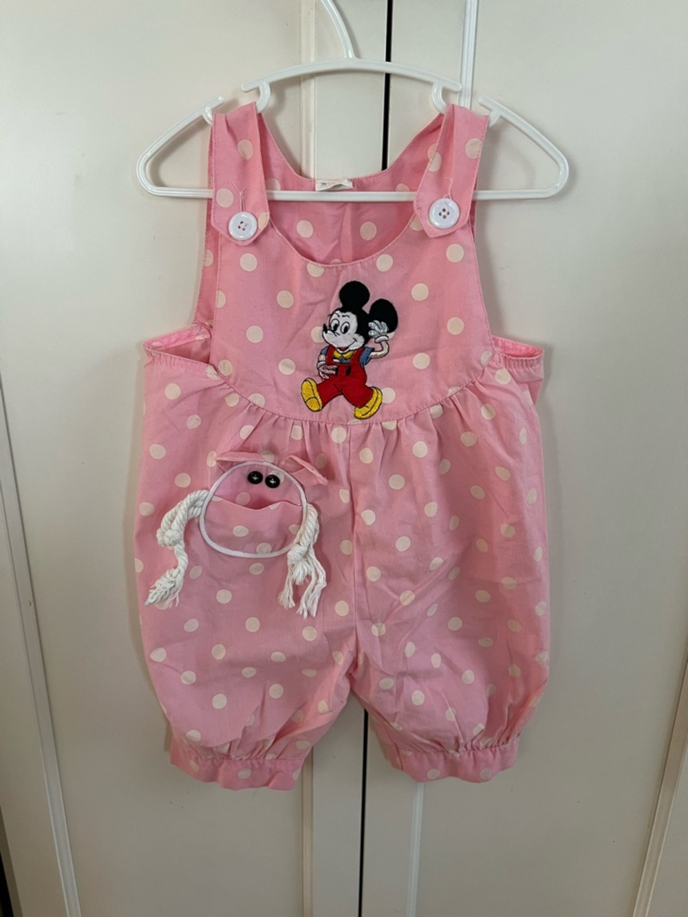 Kids Pink Polka Dot vintage Mickey Embroidered Romper 12-18m